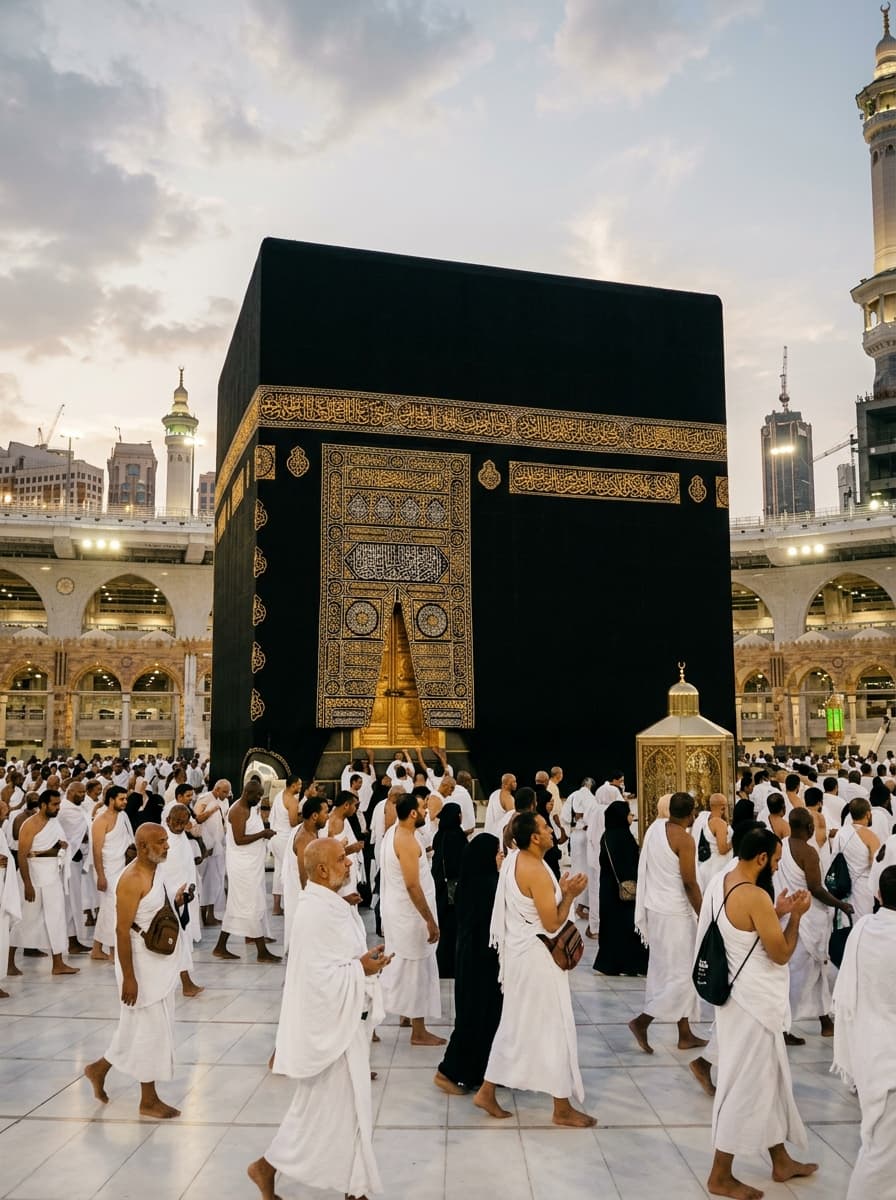 Pintu Kiswah Ka'bah dan Jamaah Umrah Jam Wisata